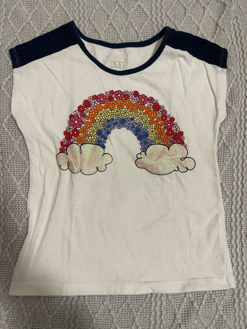 Girls White Floral Rainbow Graphic Tee with Navy Trim
